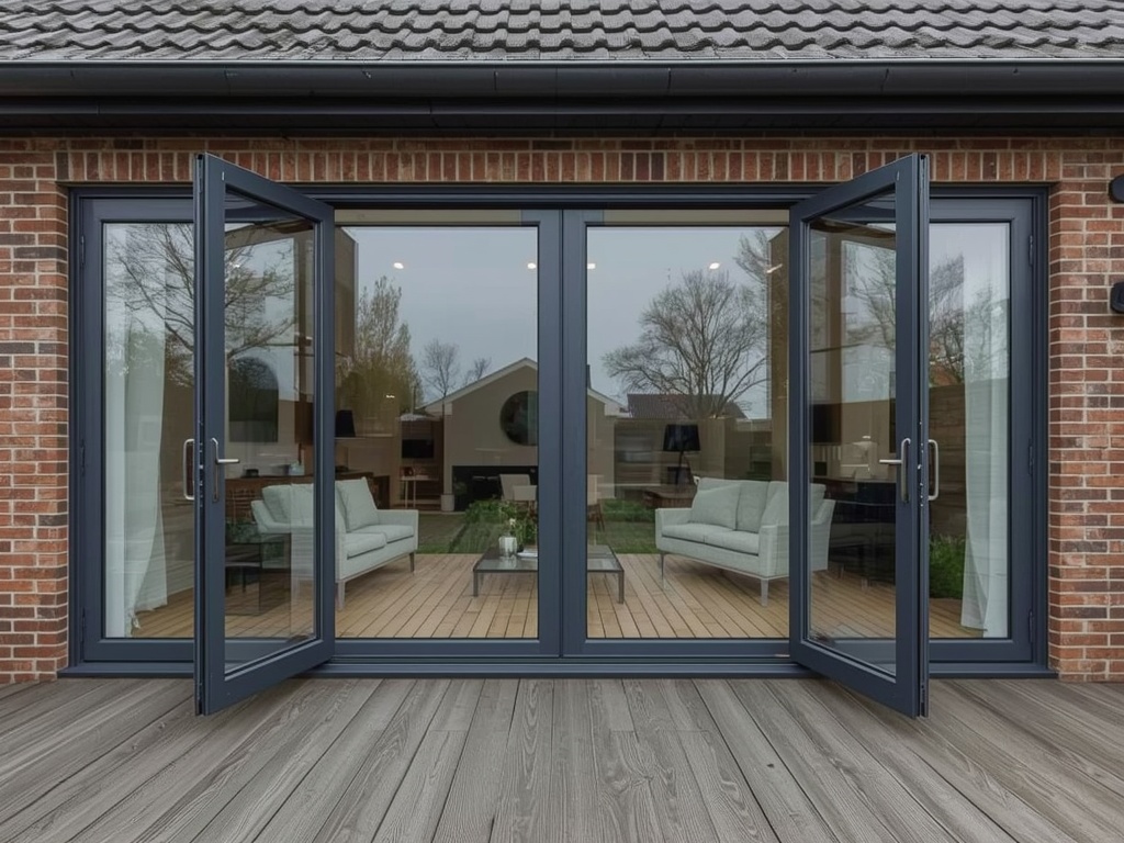 Antraciet kunststof openslaande deuren open naar houten terras.
