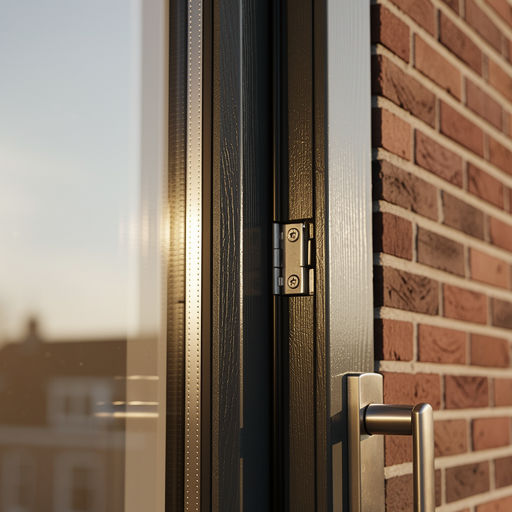 Close-up van antraciet kunststof kozijn met houtlook afwerking en zichtbare afdichtingen in warm zonlicht.