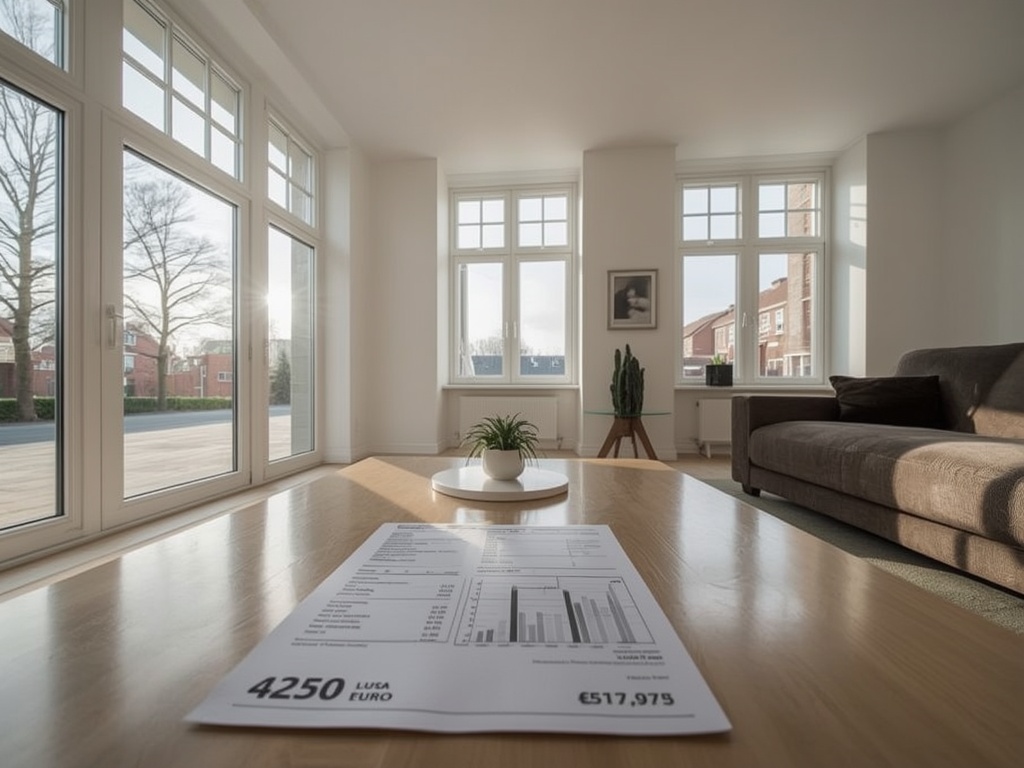 Interieur van rijtjeshuis met grote witte kunststof kozijnen en kostenraming op tafel.