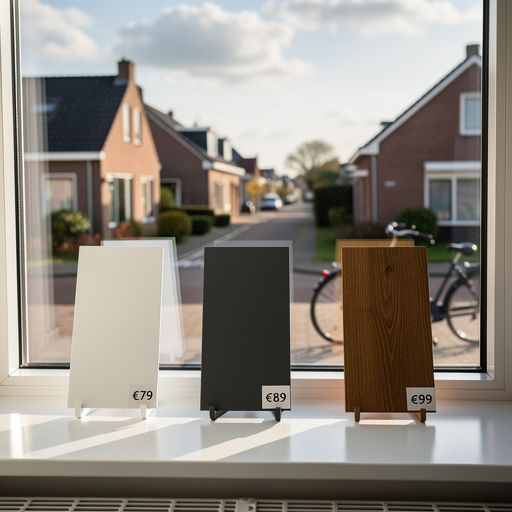 Drie kleurstalen kunststof kozijnen op vensterbank met prijskaartjes.