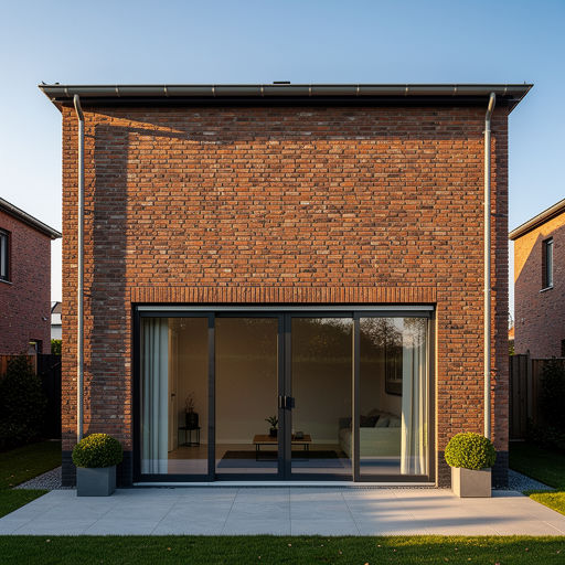 Vooraanzicht van antraciet kunststof schuifpui 3-delig in moderne gevel bij zonsondergang.