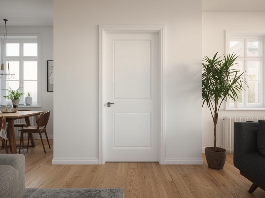 Witte kunststof binnendeur in moderne woonkamer met zacht daglicht.