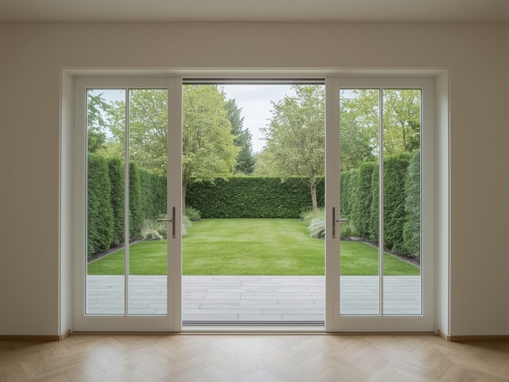 Binnenzicht door brede witte kunststof schuifpui 2-delig naar groene tuin.