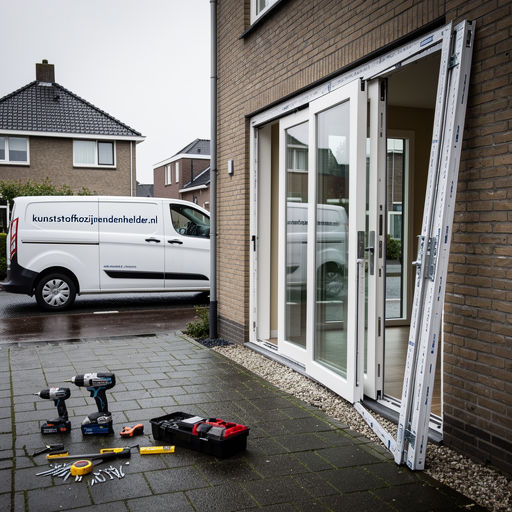 Bedrijfsbus bij woning met halfgeïnstalleerde kunststof schuifpui 4-delig en montagegereedschap op oprit.
