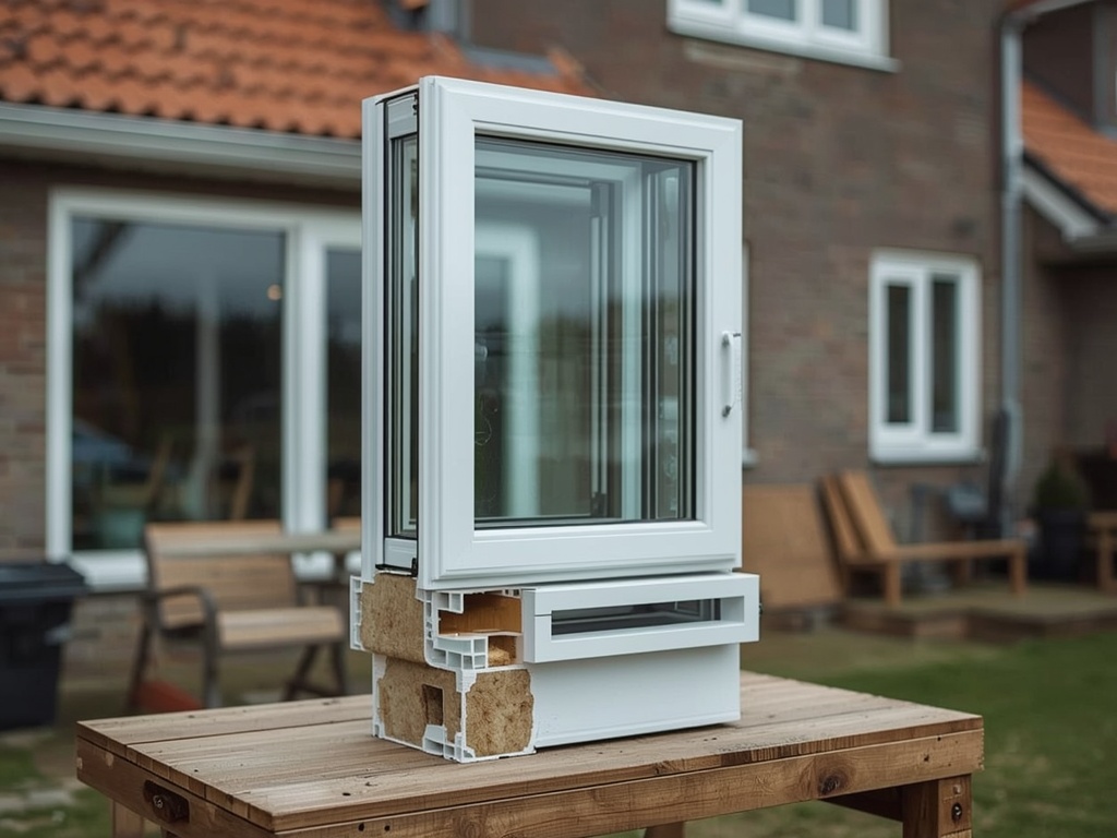 Doorsnede van een kunststof kozijn op een werkbank met zichtbare isolatielagen en thermische afdichting.