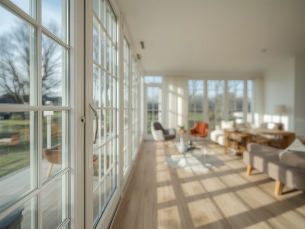 Helder interieur met grote witte kunststof kozijnen en veel natuurlijk licht.