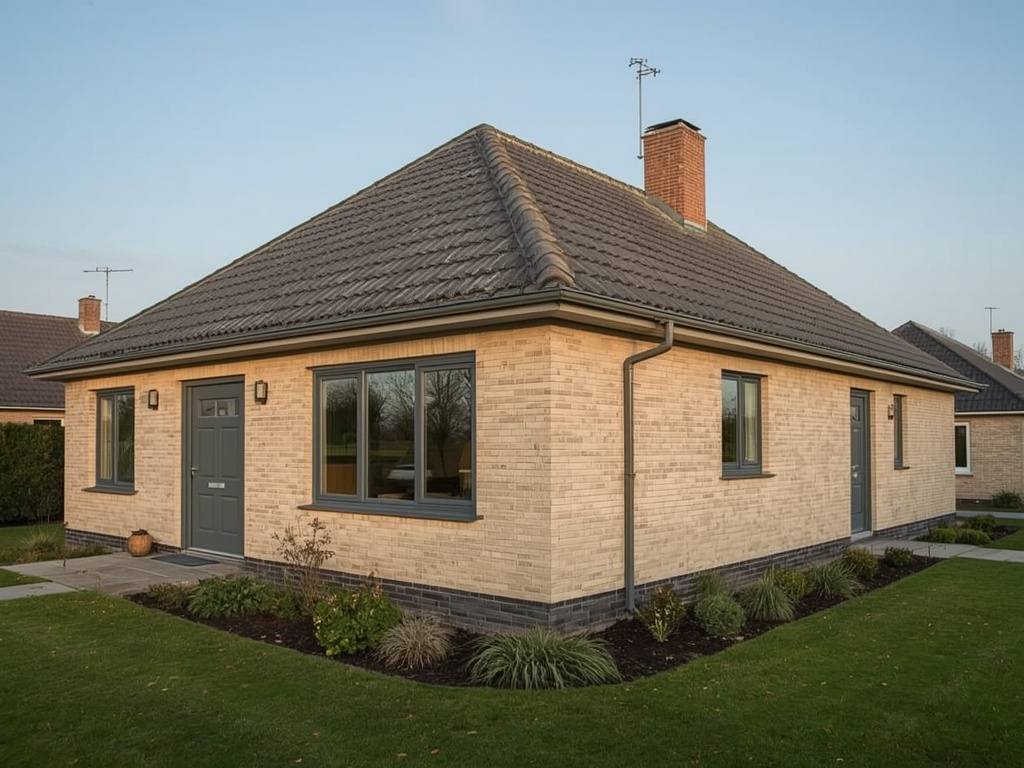 vrijstaande bungalow in Den Helder met antraciet grijze kunststof kozijnen en lichte gevel