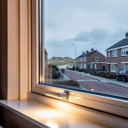 Uitzicht vanuit een lichte zithoek in Slootdorp door een groot kunststof raamkozijn naar het polderlandschap van de Wieringermeer.