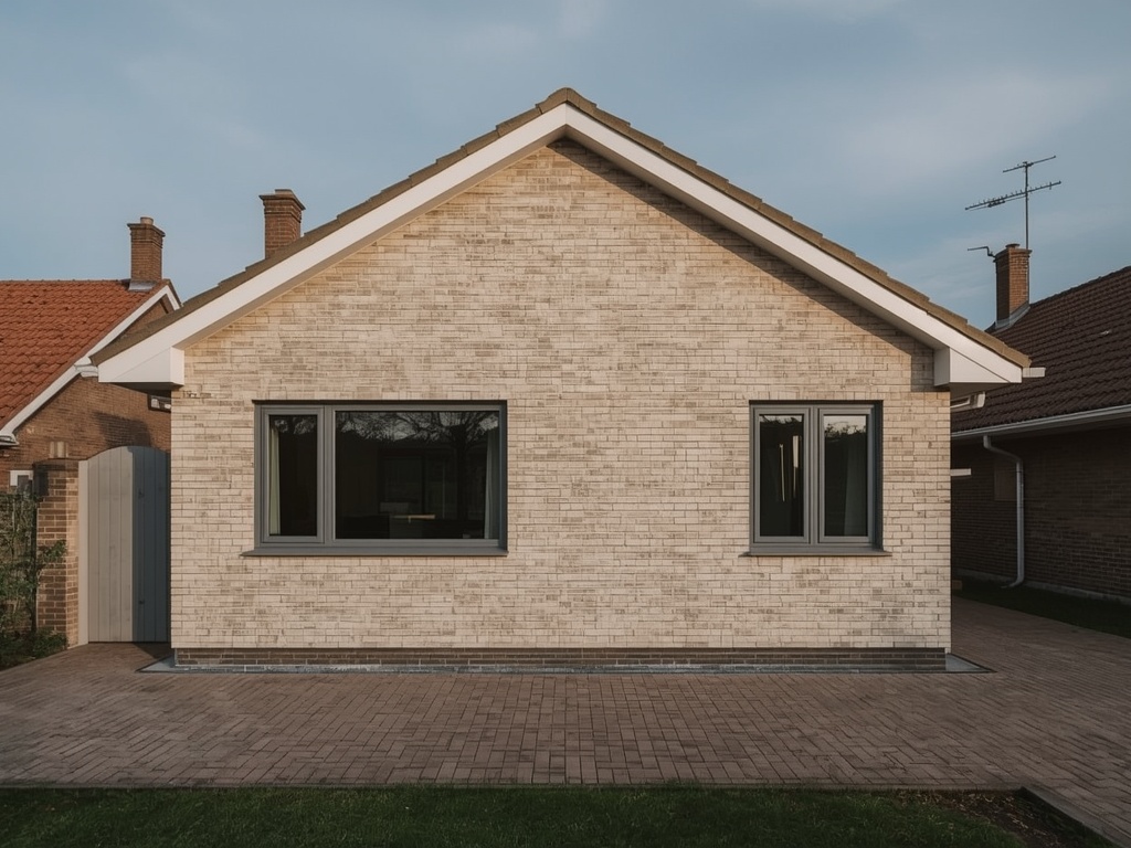 vrijstaande bungalow in Den Helder met antraciet grijze kunststof kozijnen en lichte gevel