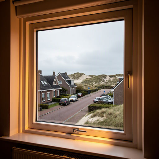 blik vanuit woonkamer in Callantsoog door wit kunststof raamkozijn naar straat met duinvegetatie