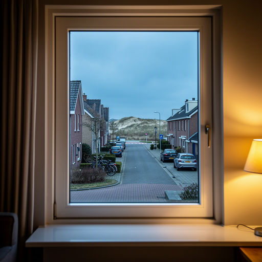 woonkamer in Wieringerwaard met uitzicht door een wit kunststof raamkozijn op het polderlandschap