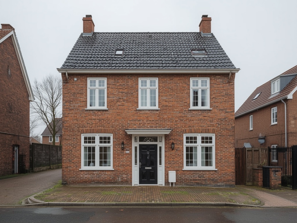 Vrijstaande woning in Slootdorp met moderne witte kunststof kozijnen aan de voorgevel en groene tuin.