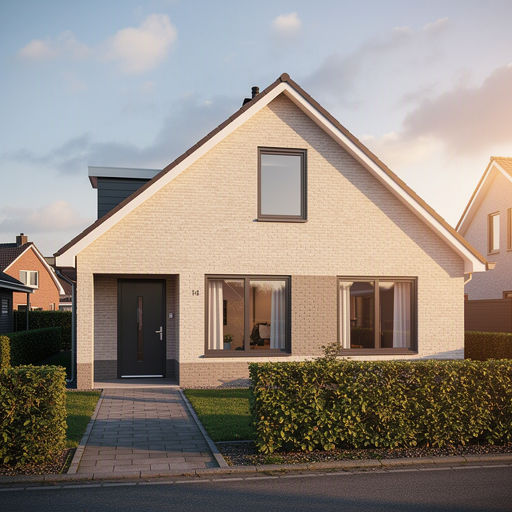 karakteristieke woning in de Wieringerwaard met antraciet grijze kunststof kozijnen tegen een lichte gevel