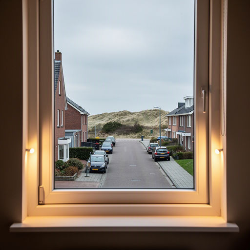 blik vanuit woonkamer in Breezand door wit kunststof raamkozijn naar bollenvelden en landelijk uitzicht