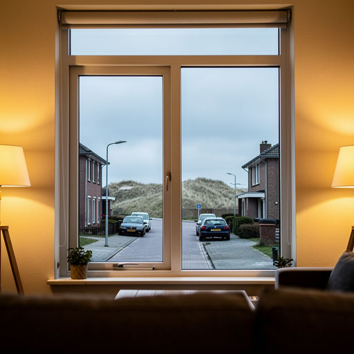 blik vanuit lichte woonkamer in Anna Paulowna door kunststof raamkozijn naar groene tuin