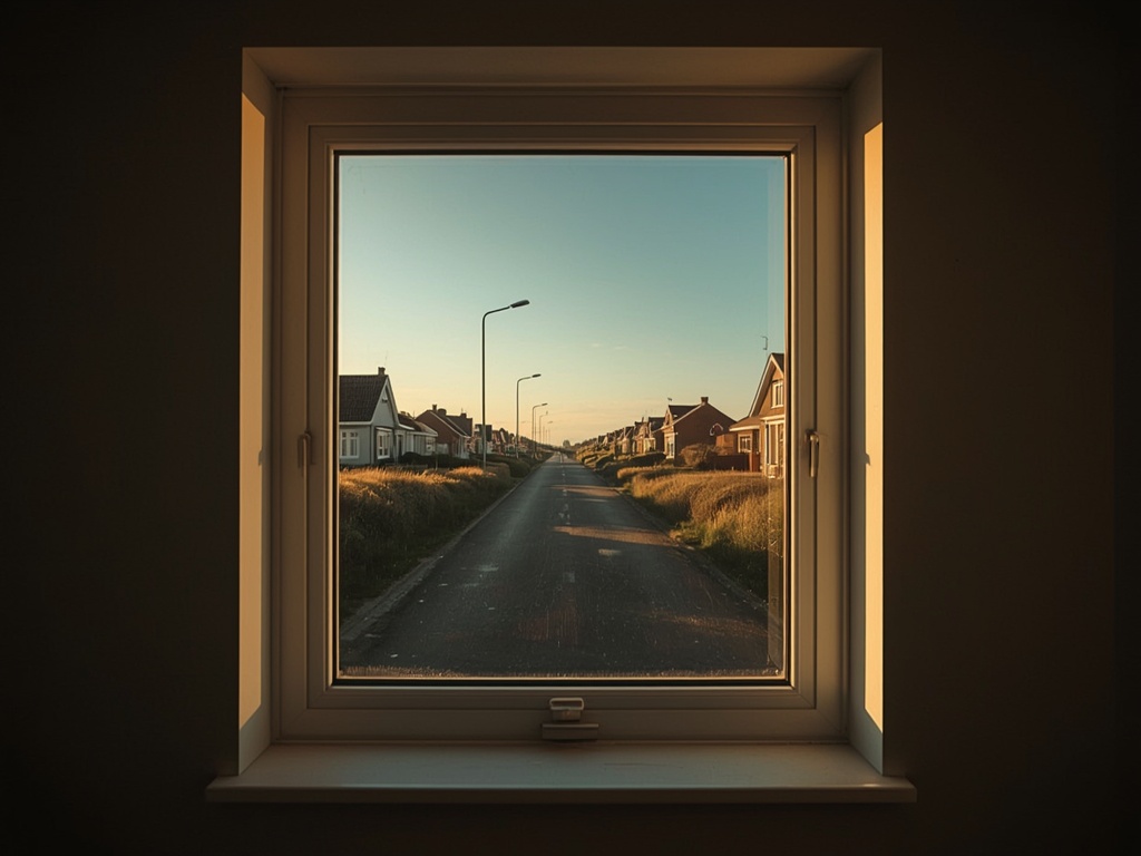 blik vanuit woonkamer in Den Helder door wit kunststof raamkozijn naar straat met duinvegetatie