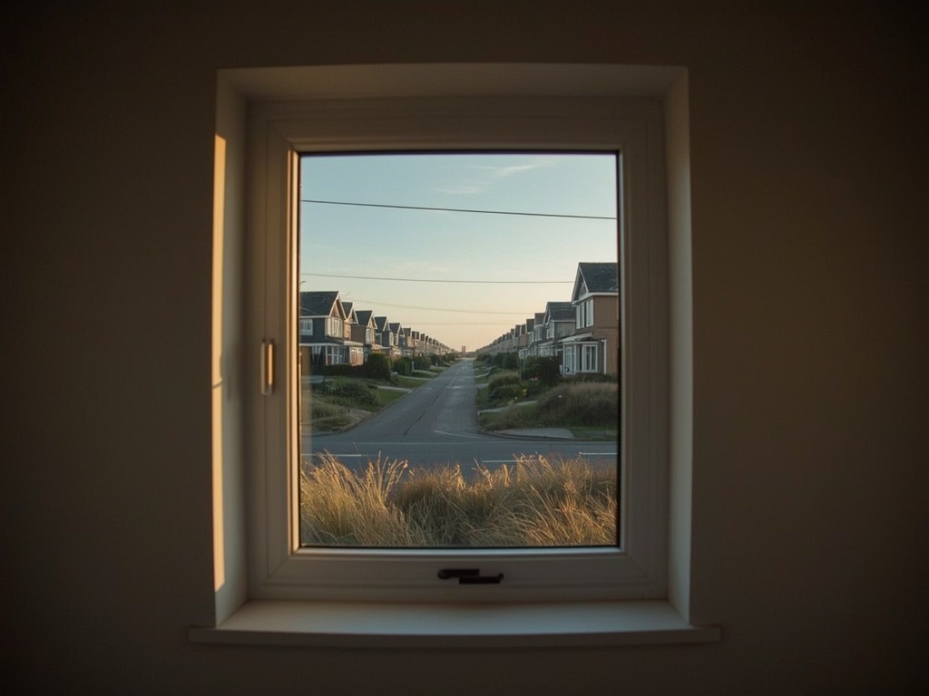 blik vanuit woonkamer in Den Helder door wit kunststof raamkozijn naar straat met duinvegetatie