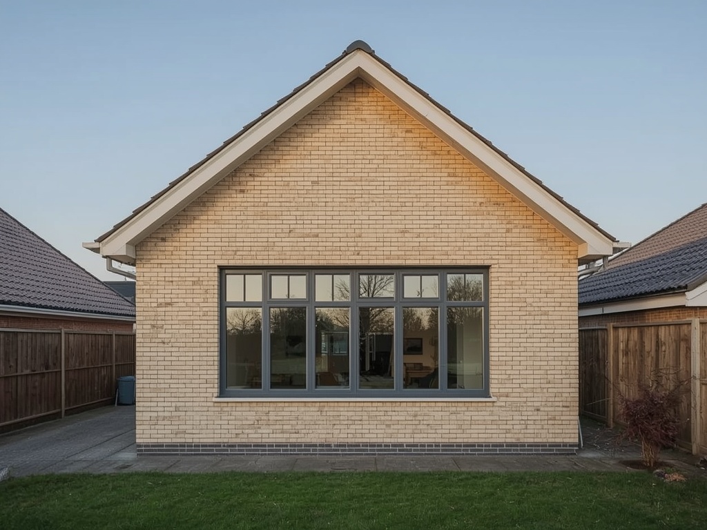 Landelijk verbouwde woning in Slootdorp met stijlvolle antraciet grijze kunststof kozijnen en een donkere houtlook voordeur.