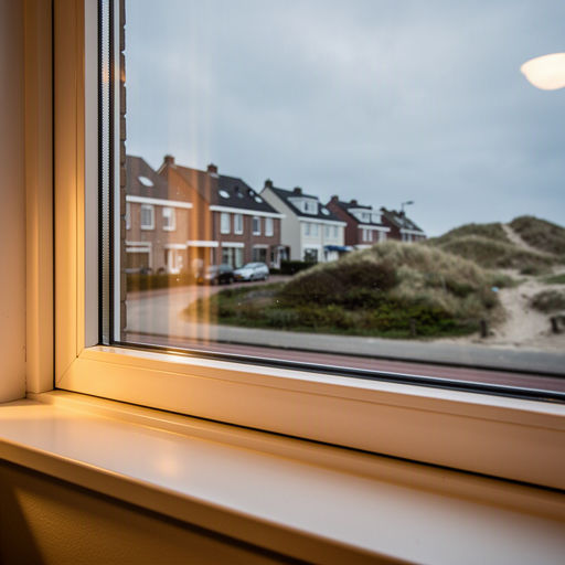 Woonkamer in Sint Maartensvlotbrug met uitzicht via een groot wit kunststof raamkozijn op een groene tuin met duinbeplanting