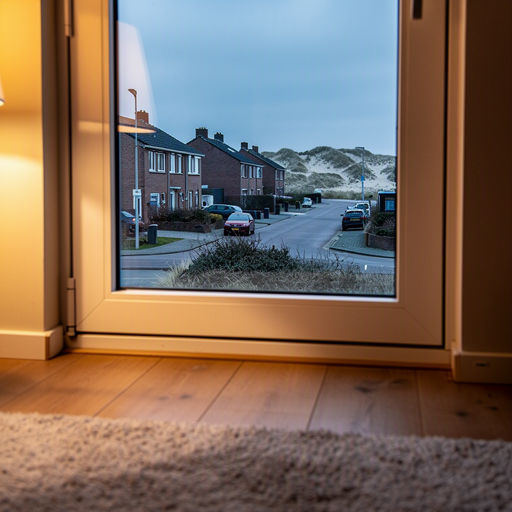 vanuit een woonkamer in Hippolytushoef door een wit kunststof raamkozijn kijken naar een typische woonstraat