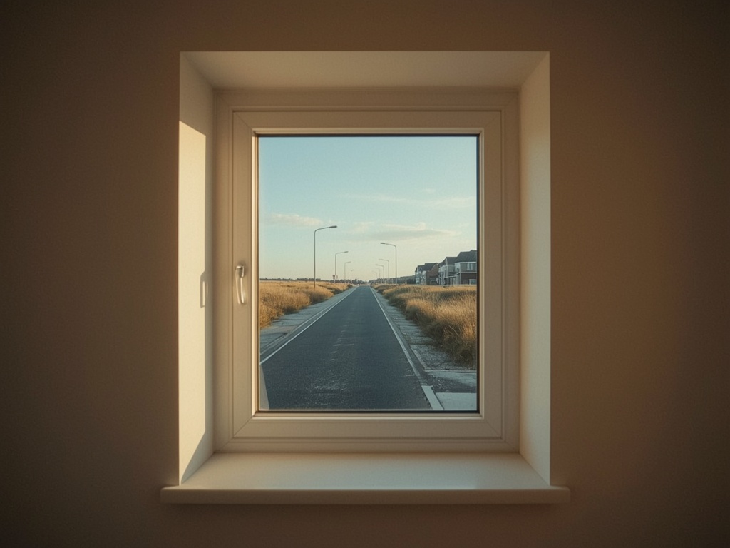 blik vanuit woonkamer in Julianadorp door wit kunststof raamkozijn naar straat met duinvegetatie